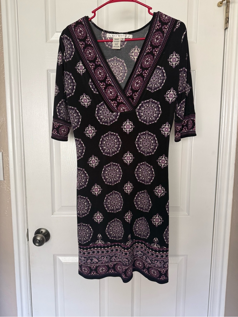 Max Studio Black and Purple V‑Neck Midi Dress